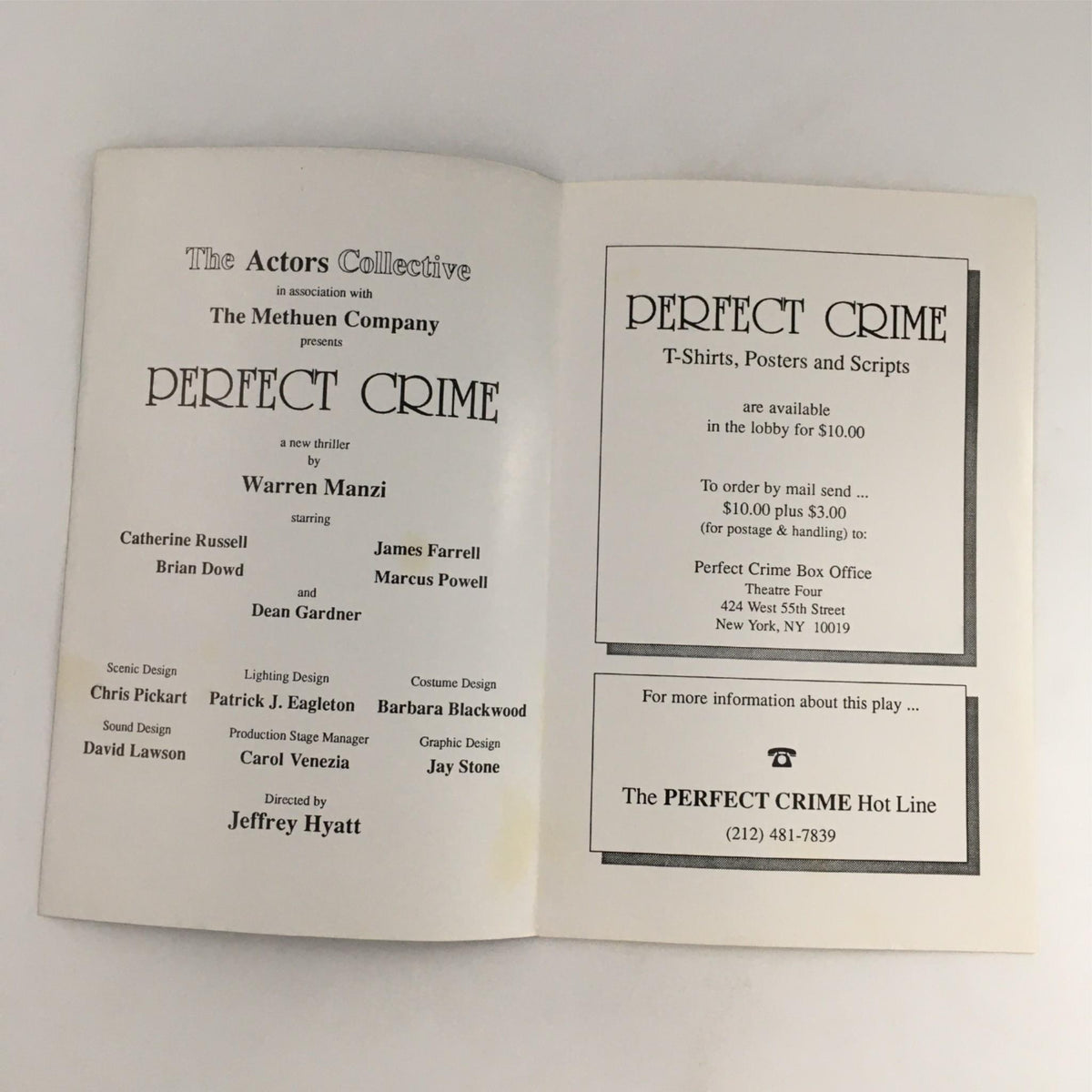 Inside page of the 1987 Perfect Crime magazine detailing the production credits, actors, and promotional information related to the play 'Perfect Crime' by Warren Manzi, showcasing the artistic collaboration behind the theatrical work.