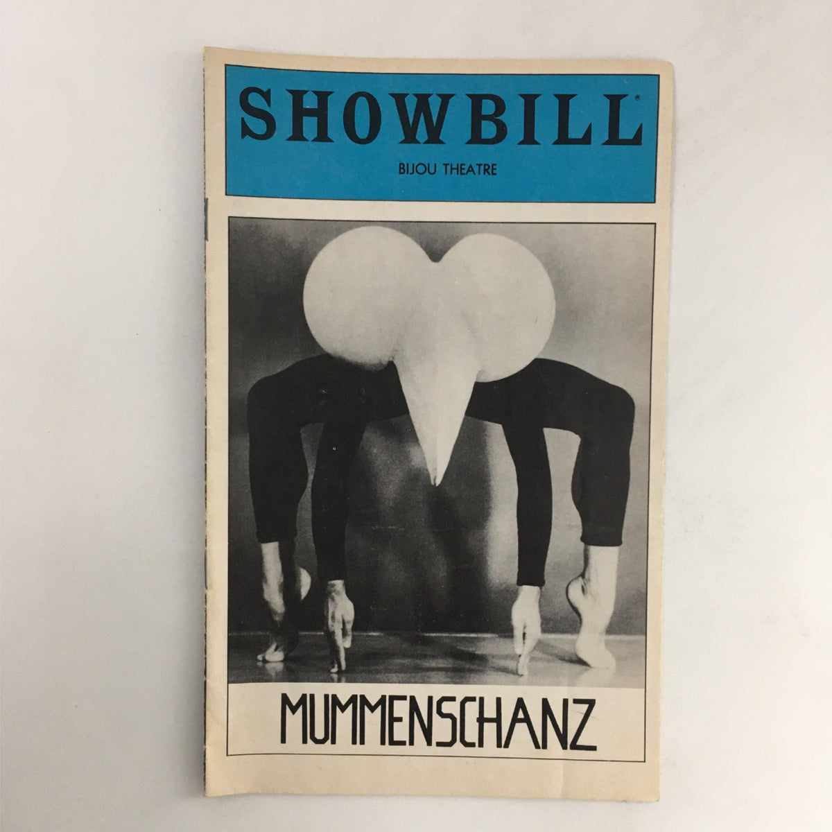 1979 Showbill for Mummenschanz featuring unique performance art at Bijou Theatre, showcasing a striking cover design with abstract character imagery.