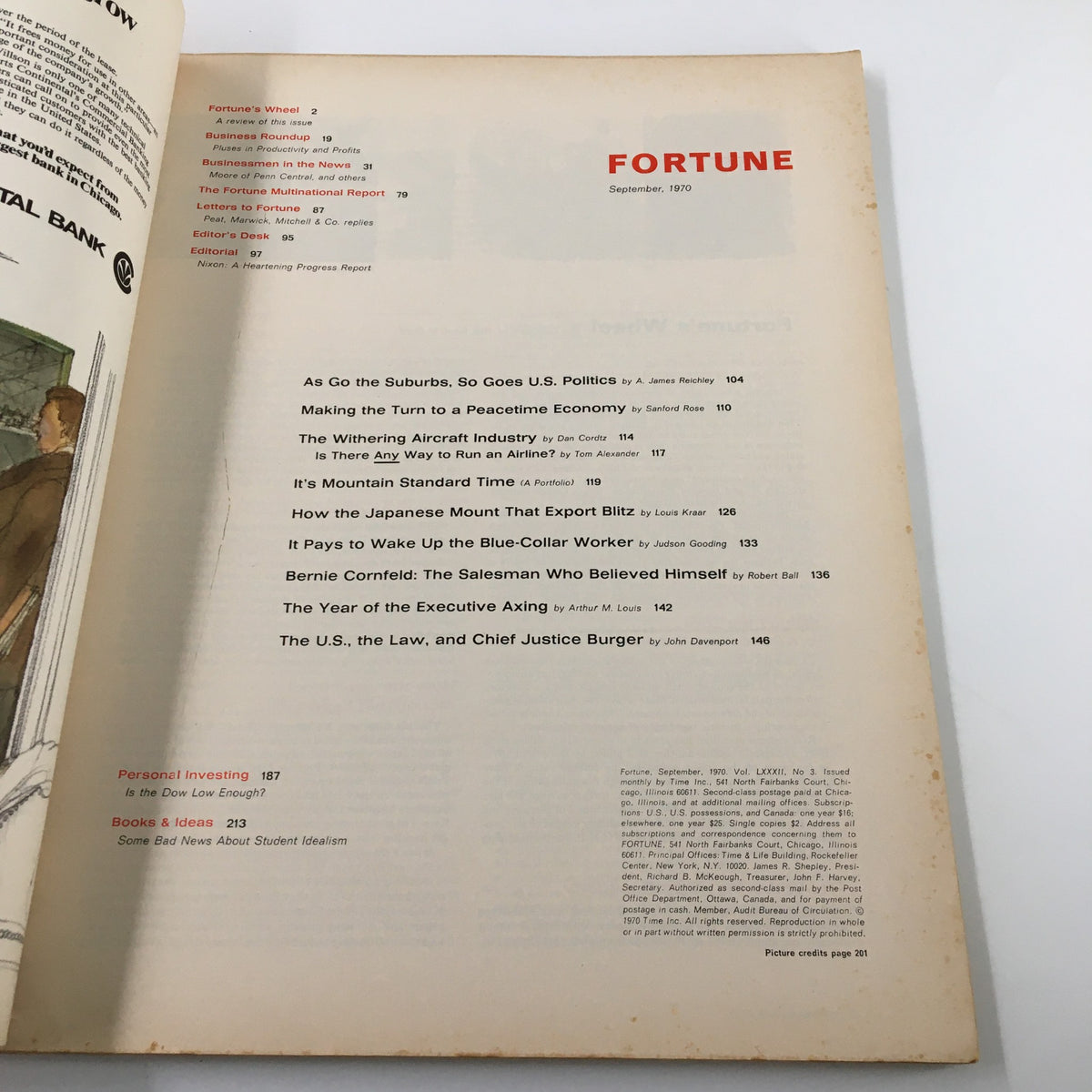 Inside page of VTG Fortune Magazine September 1970 displaying the table of contents and topics covered in this issue, which includes insights into Japanese market strategy.