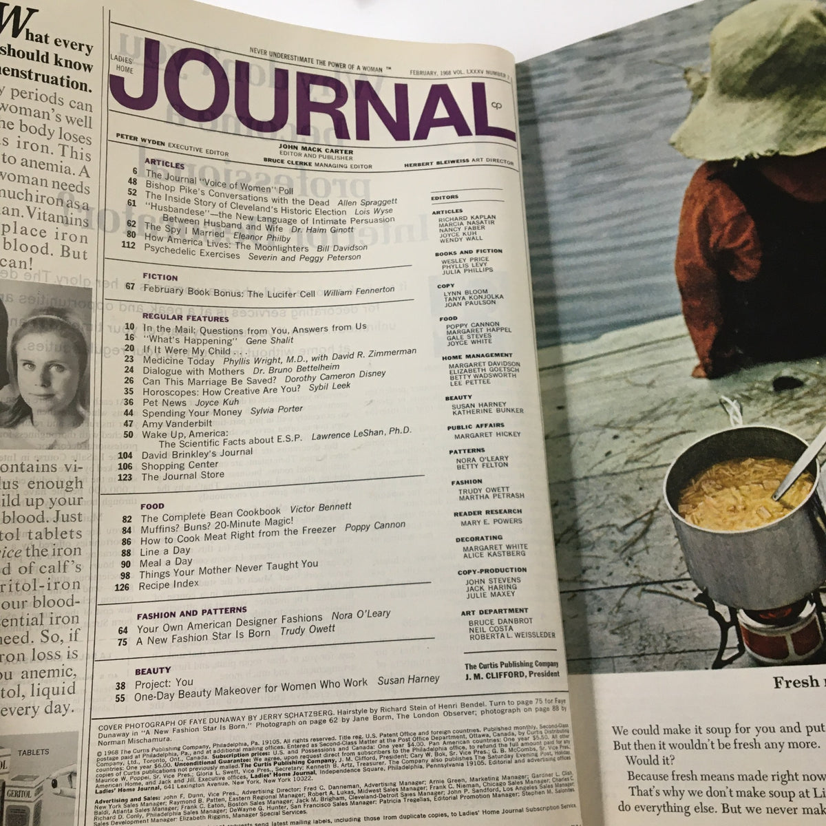 Inside page of Ladies' Home Journal Magazine February 1968 showing the table of contents with articles and features, including insights on women's empowerment, food, fashion, and more.