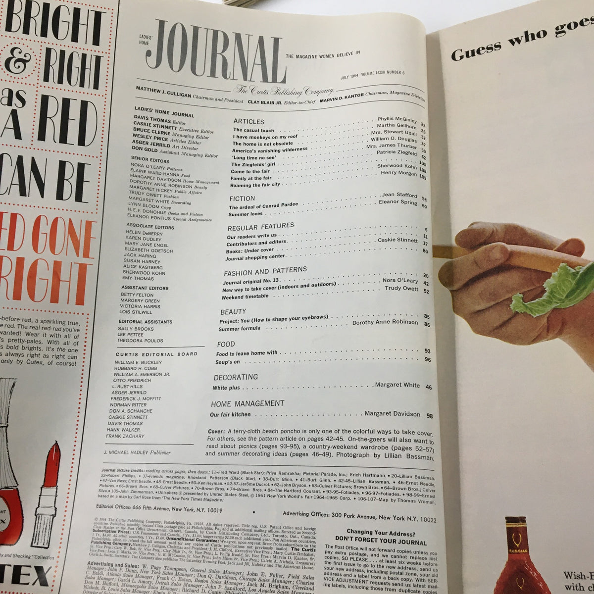 Interior page layout of Ladies' Home Journal Magazine July 1964 featuring the table of contents and articles, including 'Our Vanishing Wilderness' by J. Douglas.