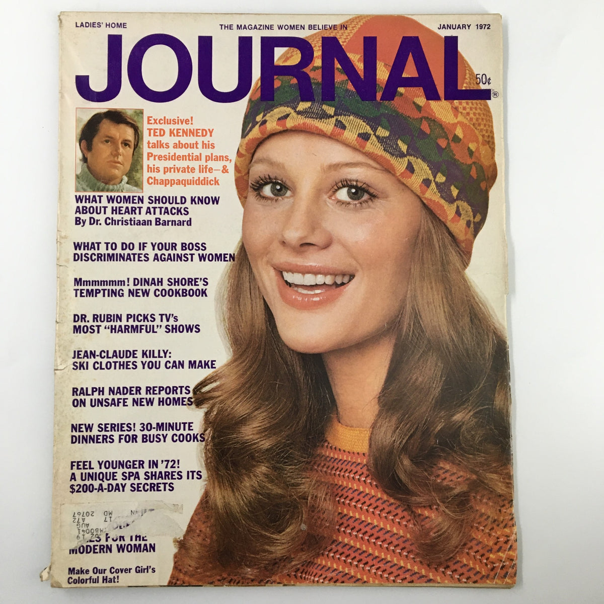 Cover of the Ladies' Home Journal Magazine, January 1972 featuring Ted Kennedy discussing his presidential ambitions, with a smiling model wearing a colorful hat.