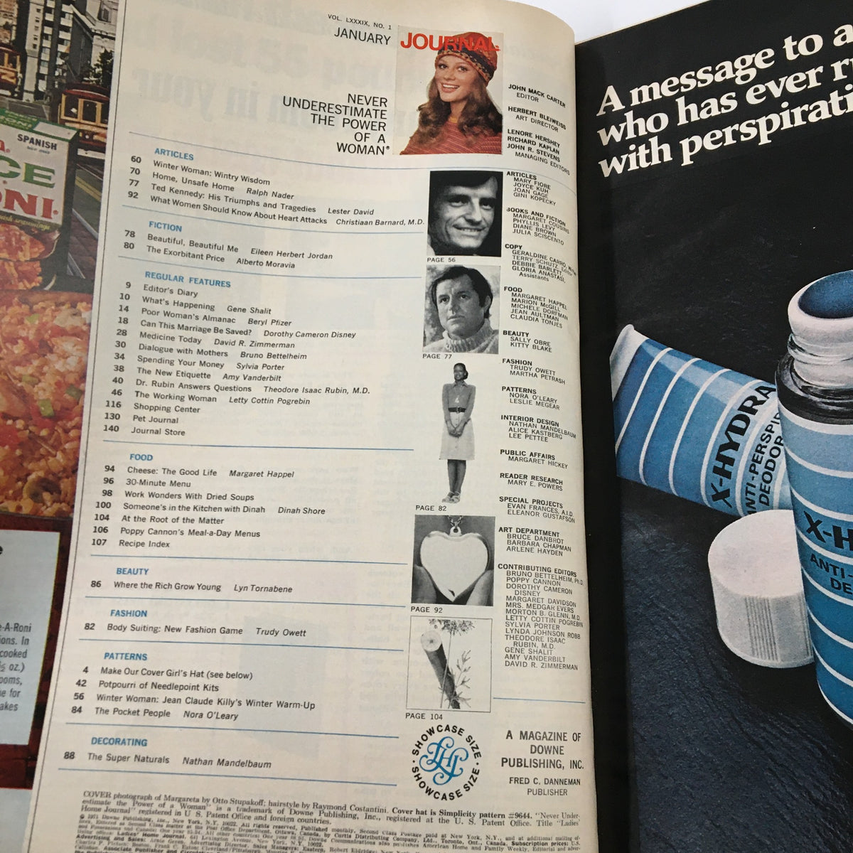 Inside pages of the Ladies' Home Journal Magazine, January 1972 showcasing the table of contents, including articles and features related to women's interests and Ted Kennedy.