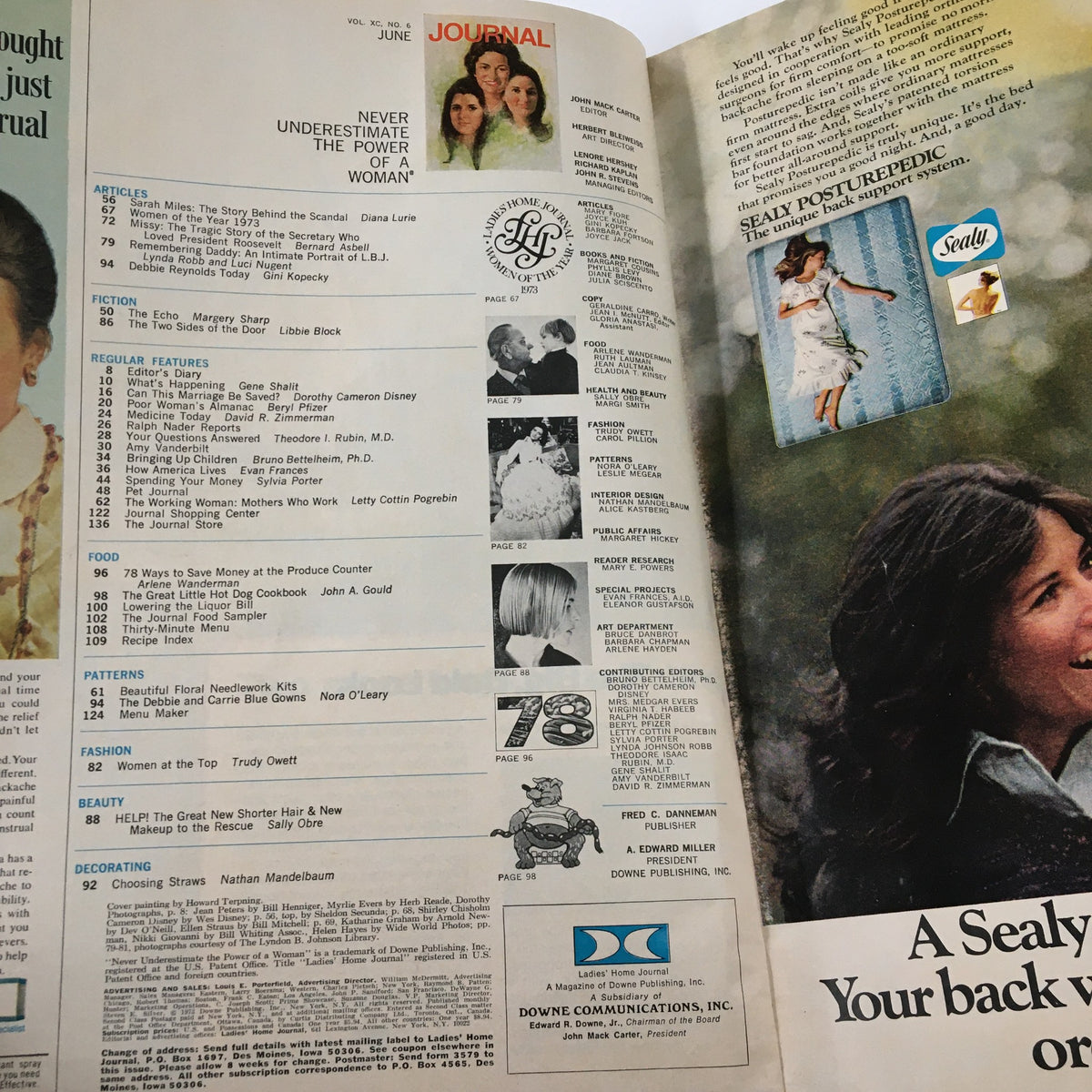 Inside page of Ladies' Home Journal Magazine June 1973 showcasing the table of contents, articles, and features relevant to women's issues and lifestyle in the 1970s.