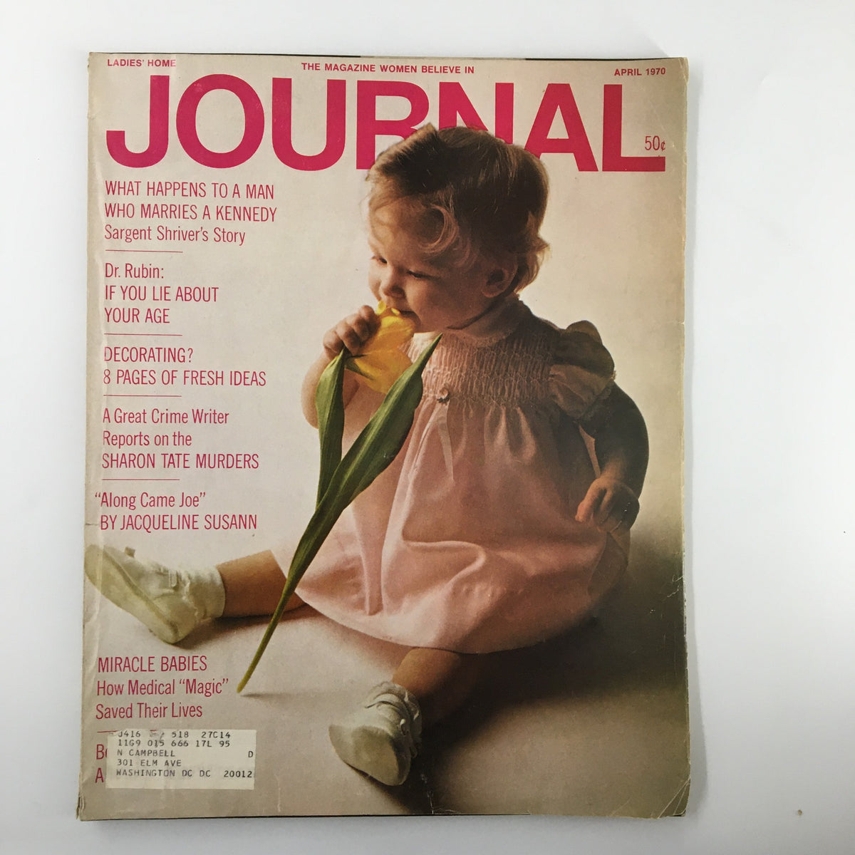 Cover of Ladies' Home Journal Magazine April 1970, featuring a child holding a flower, alongside stories including reports on the Sharon Tate murders.