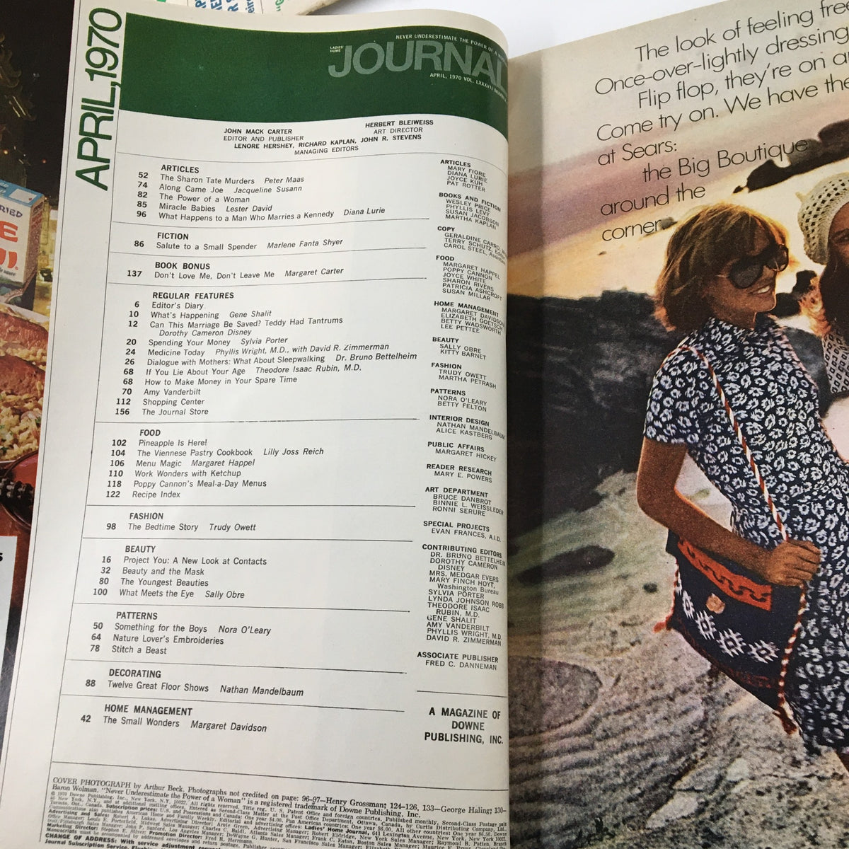 Inside page of Ladies' Home Journal Magazine April 1970, displaying articles and features including reports on the Sharon Tate murders, along with lifestyle topics and page numbers.