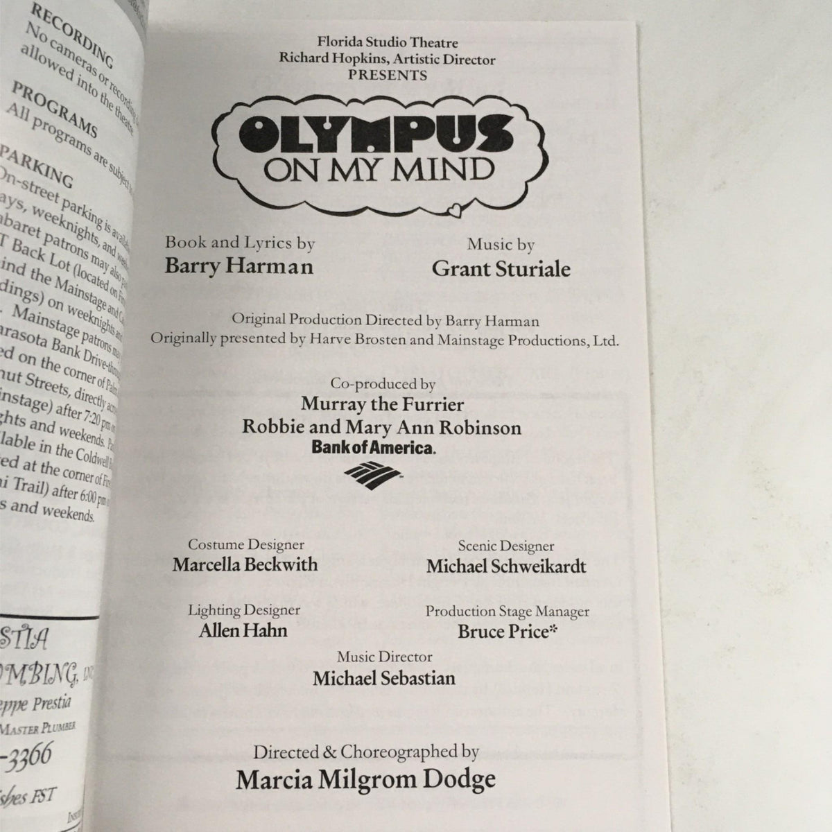 Inside page of the Florida Studio Theatre program for '2003 Olympus On My Mind' detailing the production credits including Barry Harman, Grant Sturiale, and Marcia Milgrom Dodge.