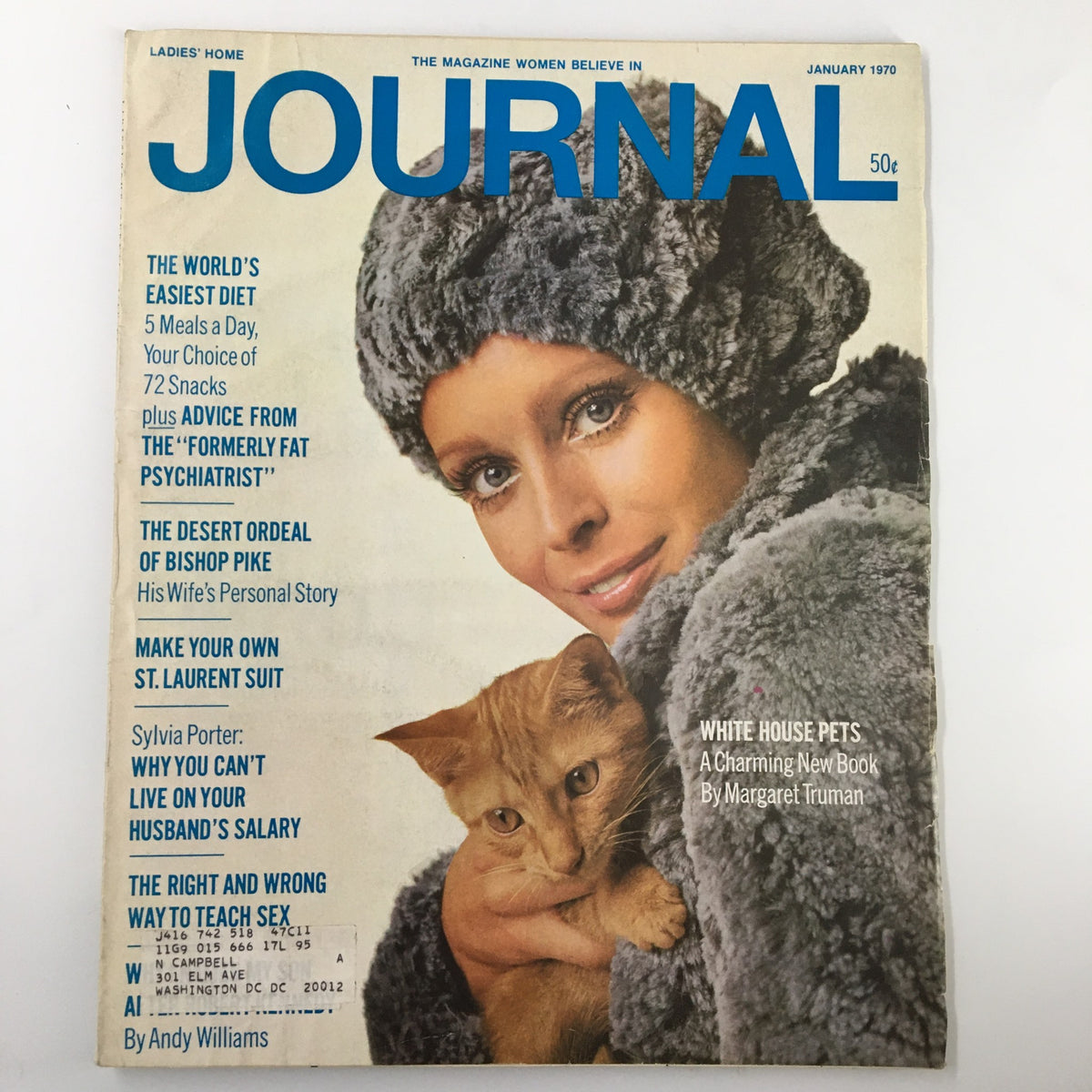 Ladies' Home Journal Magazine January 1970 cover featuring a woman in a stylish fur coat holding an orange cat, with the headline 'White House Pets' by Margaret Truman, showcasing nostalgic fashion and cultural themes from the 1970s.