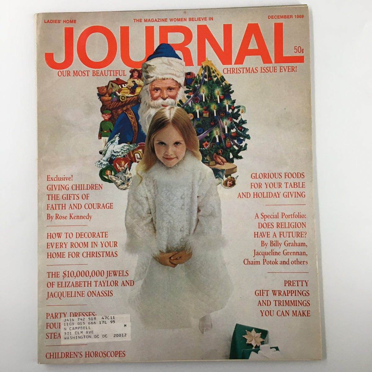 Ladies' Home Journal Magazine December 1969 cover featuring a Christmas theme, showcasing a young girl in a white fur coat alongside Santa Claus and festive decorations, highlighting iconic figures like Elizabeth Taylor and Jacqueline Onassis.