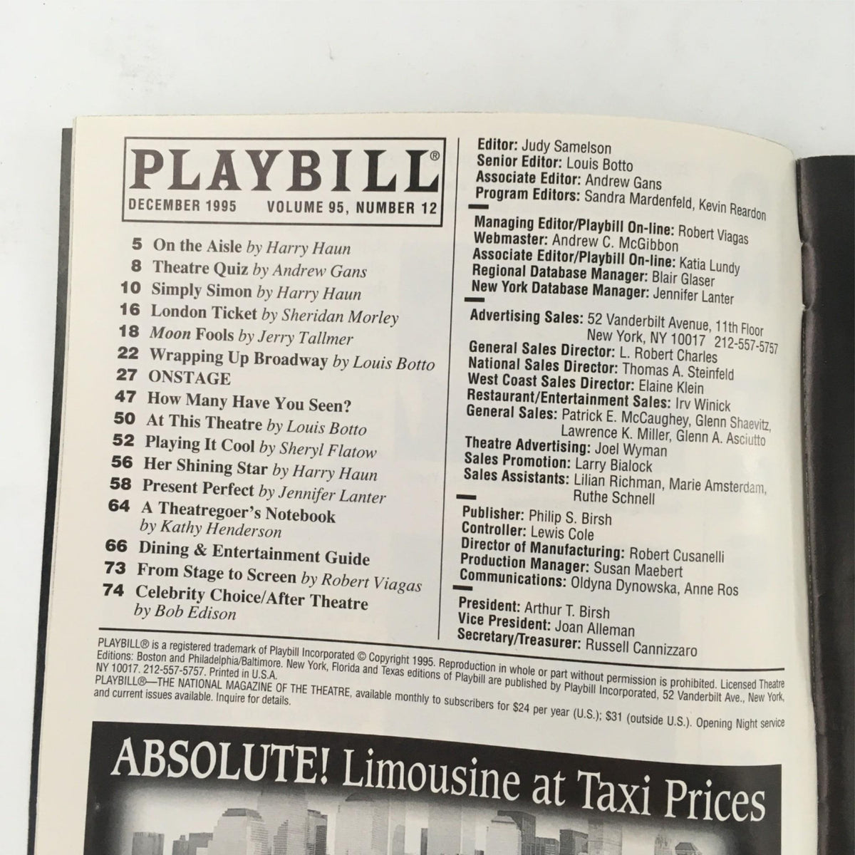 Inside page of the 1995 Playbill for Show Boat, featuring the cast and crew credits, including Harold Prince as director. Perfect for collectors of Broadway memorabilia.