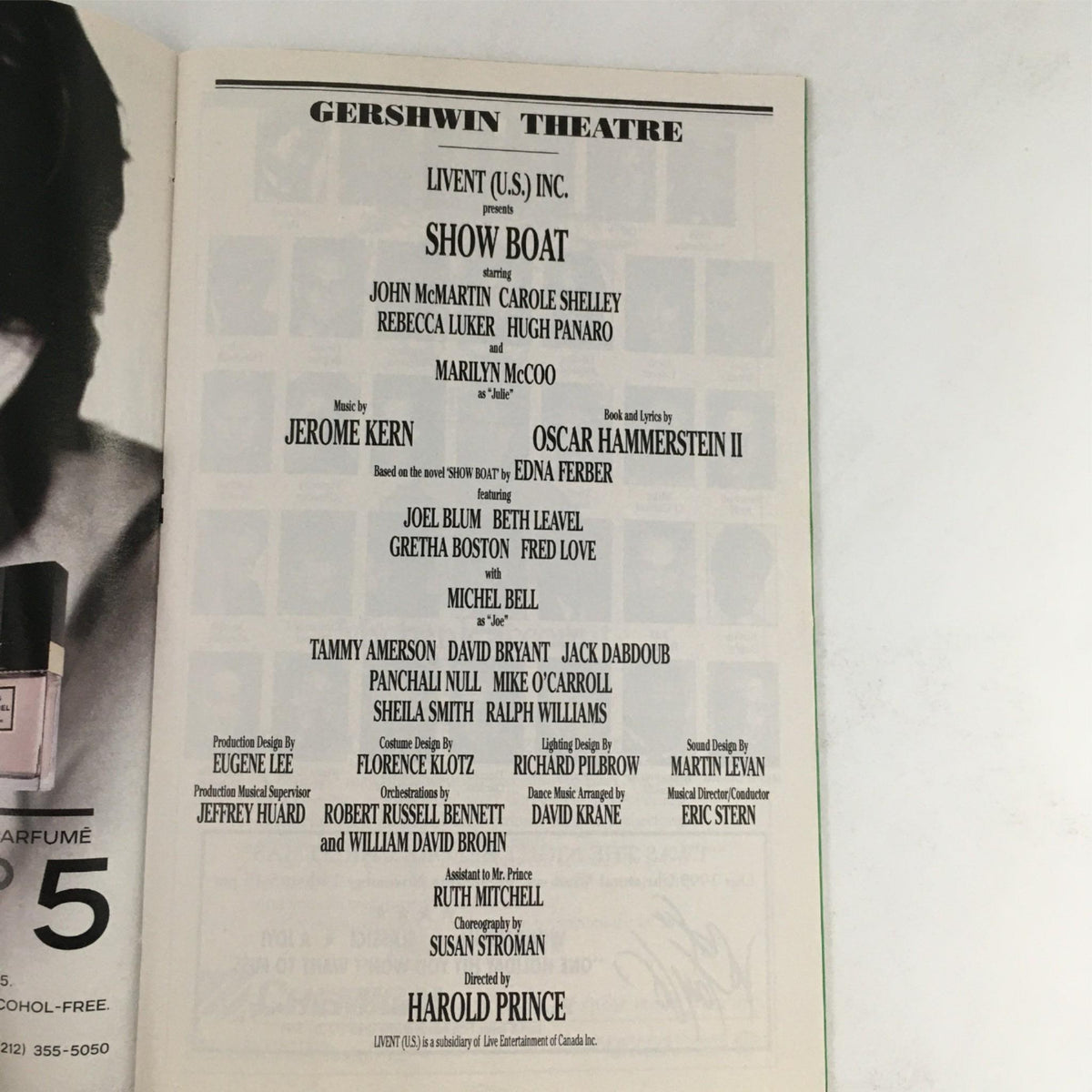 Gershwin Theatre page from the 1995 Playbill for Show Boat, showcasing production credits and significant contributors, ideal for fans of theatrical history.