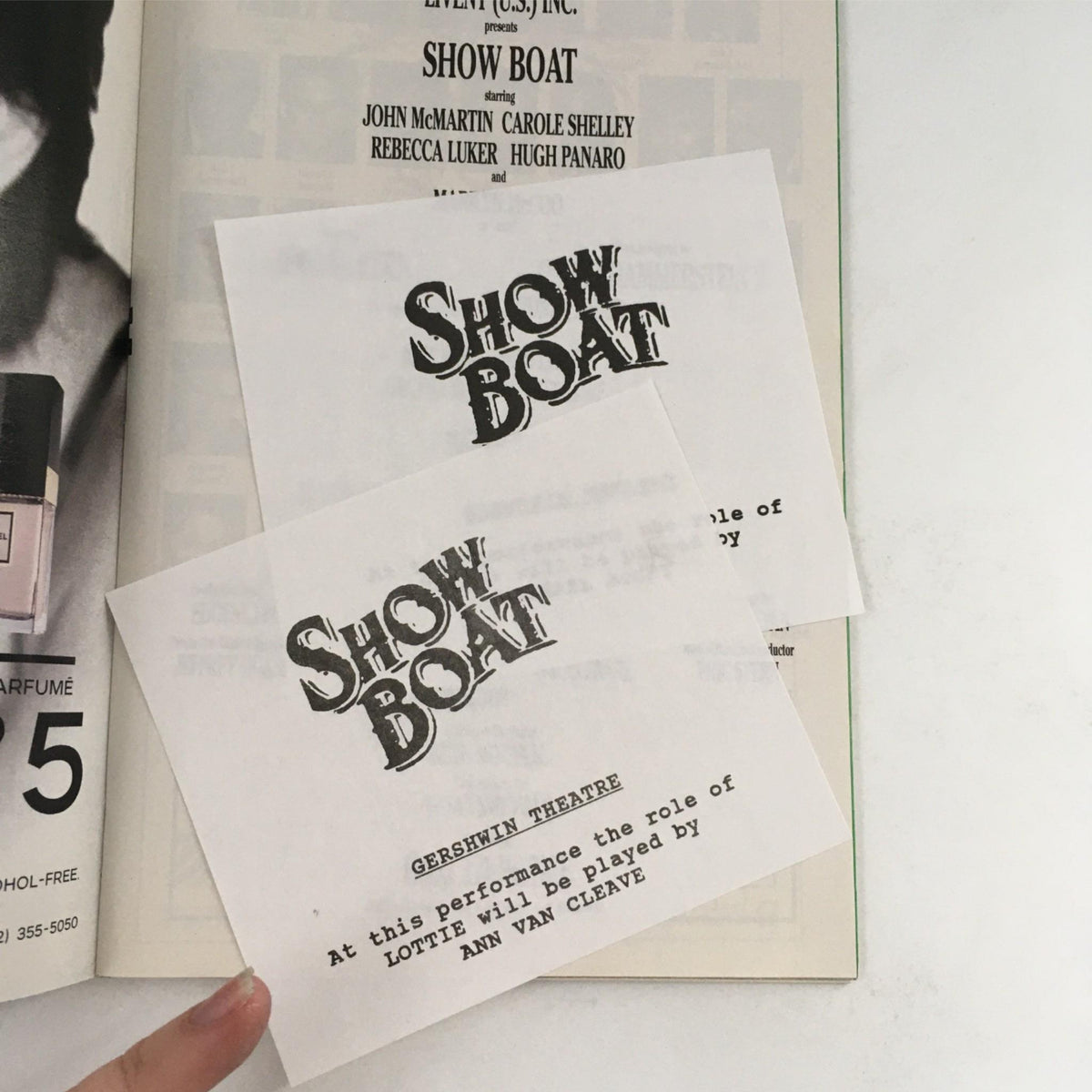 Show Boat performance card included in the 1995 Playbill, detailing the role of Lottie and the performance date at Gershwin Theatre, a unique collector's item.