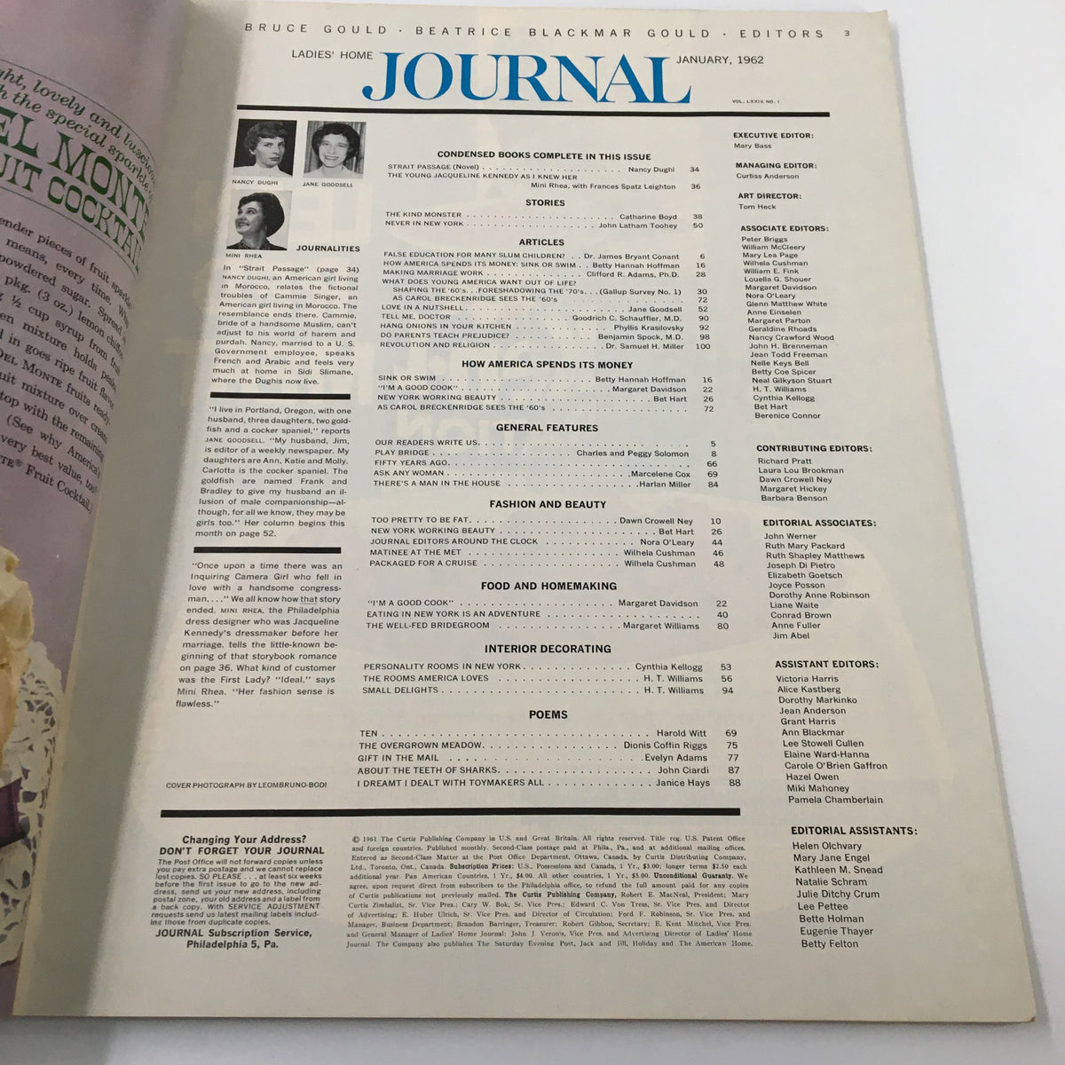 Table of contents from Ladies' Home Journal Magazine January 1962, featuring topics on fashion, beauty, home making, and articles related to 1960s culture, reflecting the style and elegance of the era.