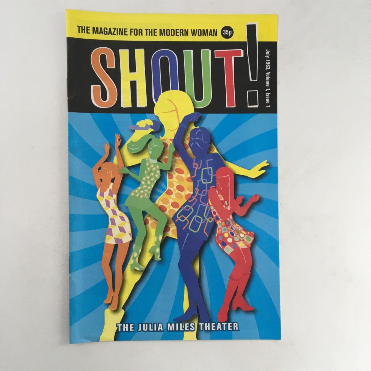 Cover of July 2006 Shout! The Mod Musical by Phillip George at The Julia Miles Theatre, featuring colorful silhouettes of dancing figures against a vibrant background.