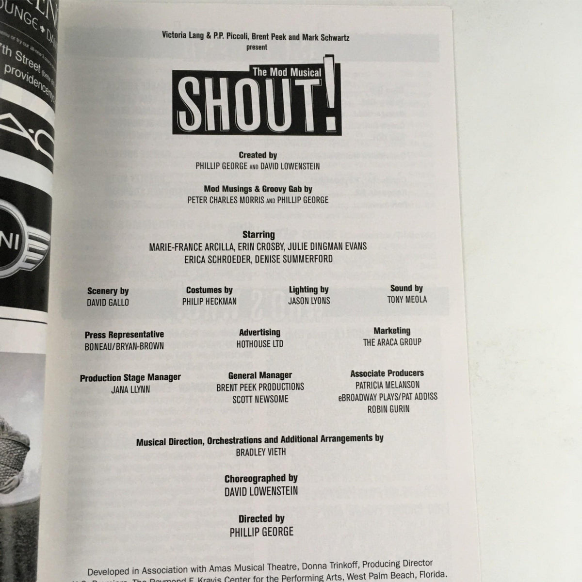 Image from the July 2006 performance of 'Shout! The Mod Musical' by Phillip George at The Julia Miles Theatre, featuring cast and production details.
