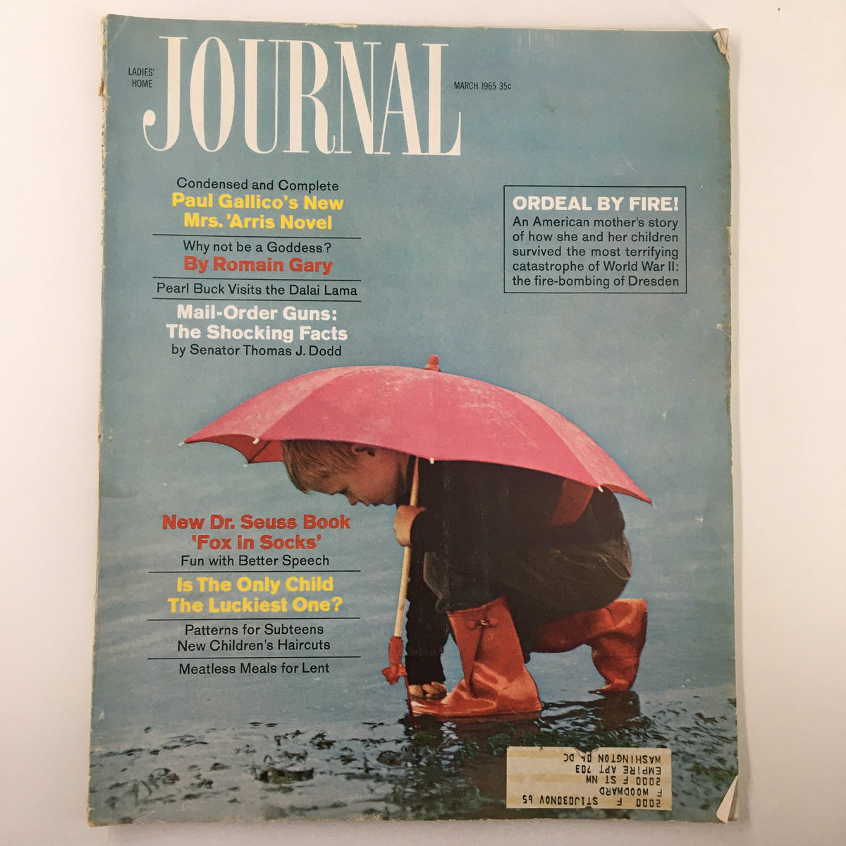 Cover of Ladies' Home Journal Magazine March 1965 featuring the article 'The Shocking Facts' by Thomas J. Dodd, showcasing a child with a pink umbrella standing in water.