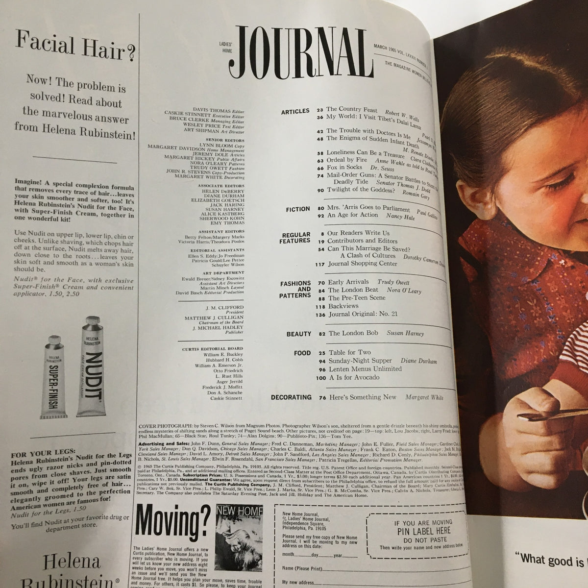 Interior page of Ladies' Home Journal Magazine March 1965, displaying the table of contents and advertisements, including a facial hair removal product from Helena Rubinstein.