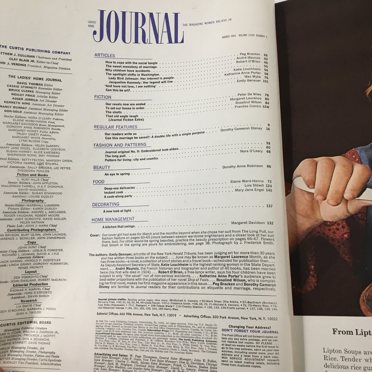 Detailed contents page of the Ladies' Home Journal Magazine March 1964 featuring articles on marriage, fashion, and home management, with notable contributions from various writers.