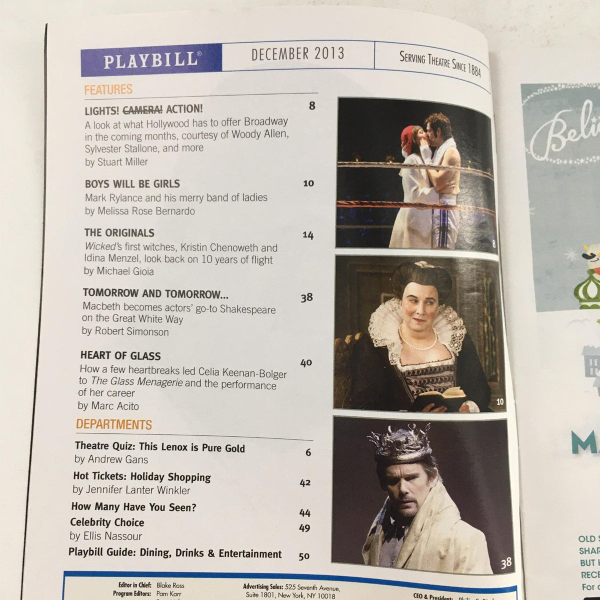 Inside page of the 2013 Playbill for The Snow Geese, displaying features and articles about notable Broadway performances and productions.