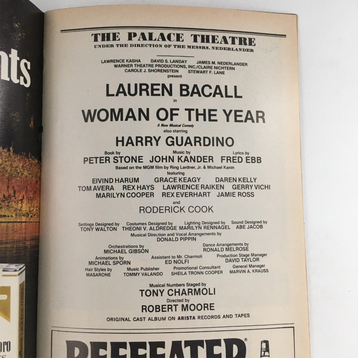 Back cover of the 1981 Playbill for 'Woman of the Year,' highlighting production details including the cast, creative team, and musical credits, important for theater memorabilia collectors.