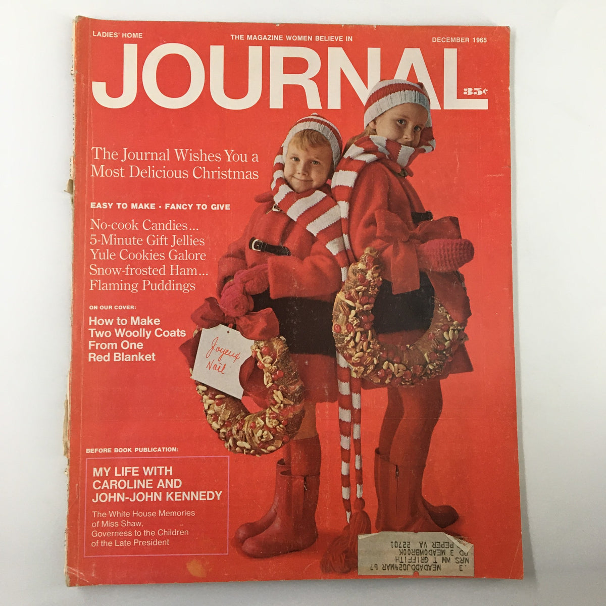 Cover of Ladies' Home Journal Magazine December 1965 featuring two children in red winter attire with a wreath, highlighting the article 'White House Memories of Miss Shaw'.