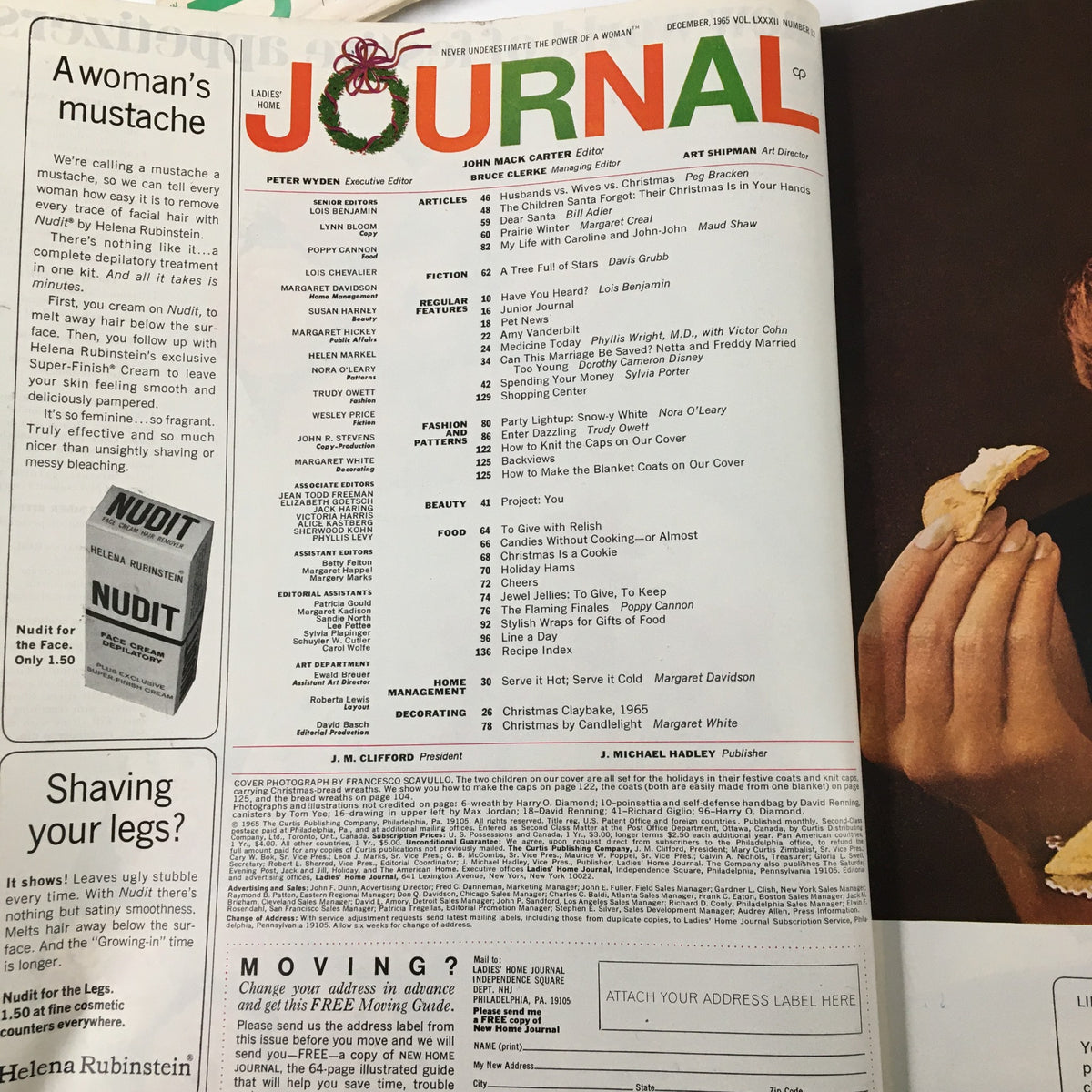 Vintage Ladies' Home Journal Magazine December 1965 featuring the table of contents, including articles on holiday preparations, beauty tips, and personal stories such as 'White House Memories of Miss Shaw'.