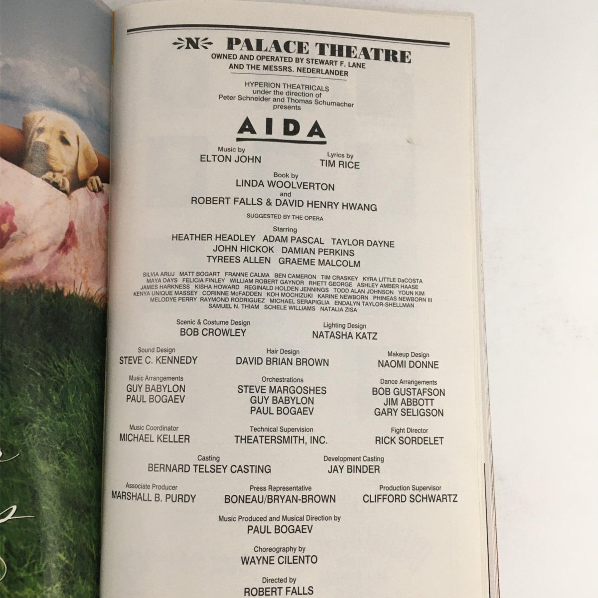 Palace Theatre page in the April 2001 Playbill for Aida, showcasing cast and crew details including Robert Falls and Wayne Cilento.