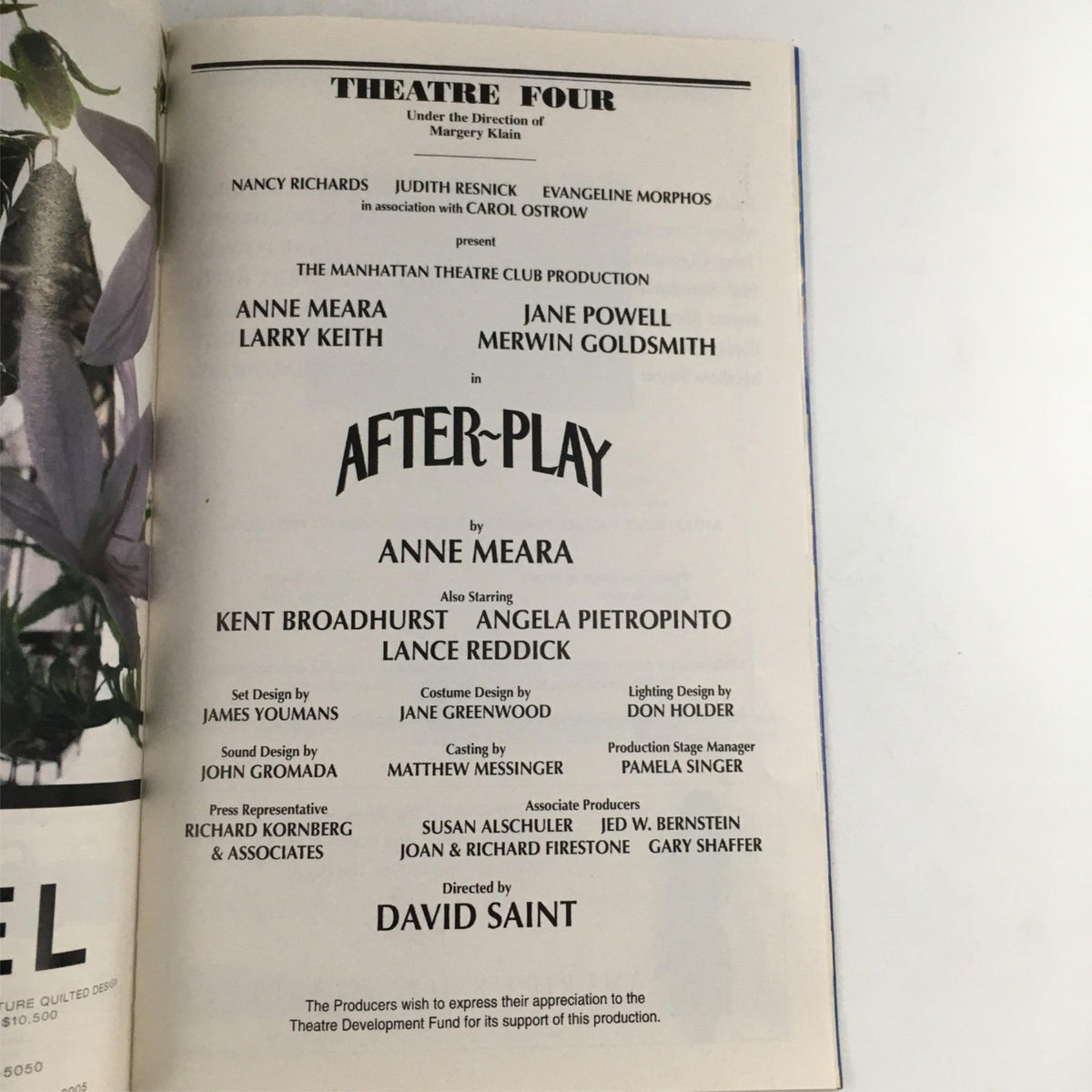 Theatre Four production of After-Play by Anne Meara, showcasing cast members and creative team details with David Saint as director.