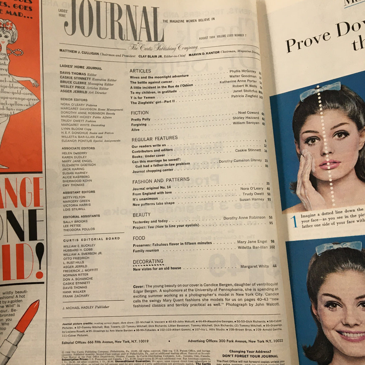 Interior page of Ladies' Home Journal Magazine, August 1964, showcasing the table of contents with articles on fashion, fiction, and wellness.