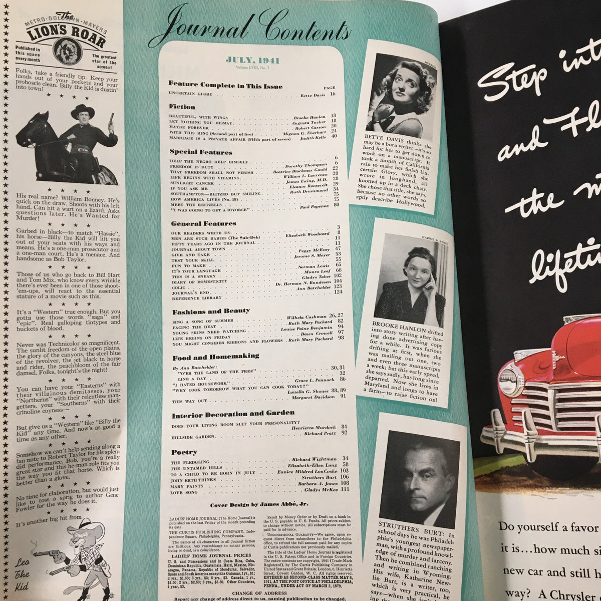 Contents page of Ladies' Home Journal Magazine, July 1941, listing features including the Bette Davis story and articles about beauty, food, and homemaking.