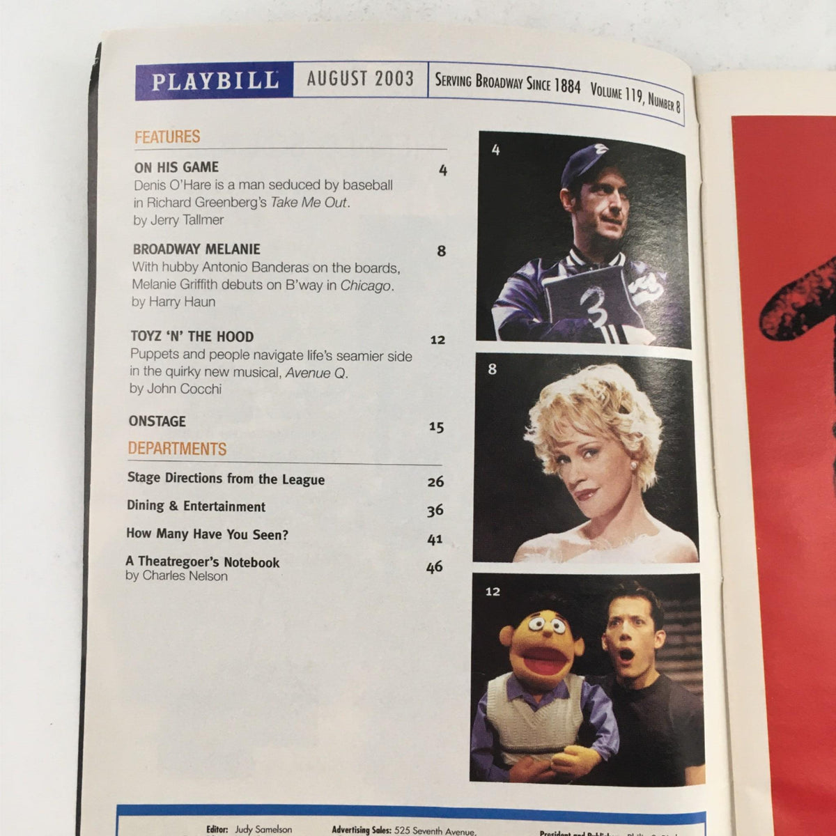 Inside page of the 2003 Playbill for Movin' Out, showcasing features and articles relevant to the production, including special highlights and interviews.
