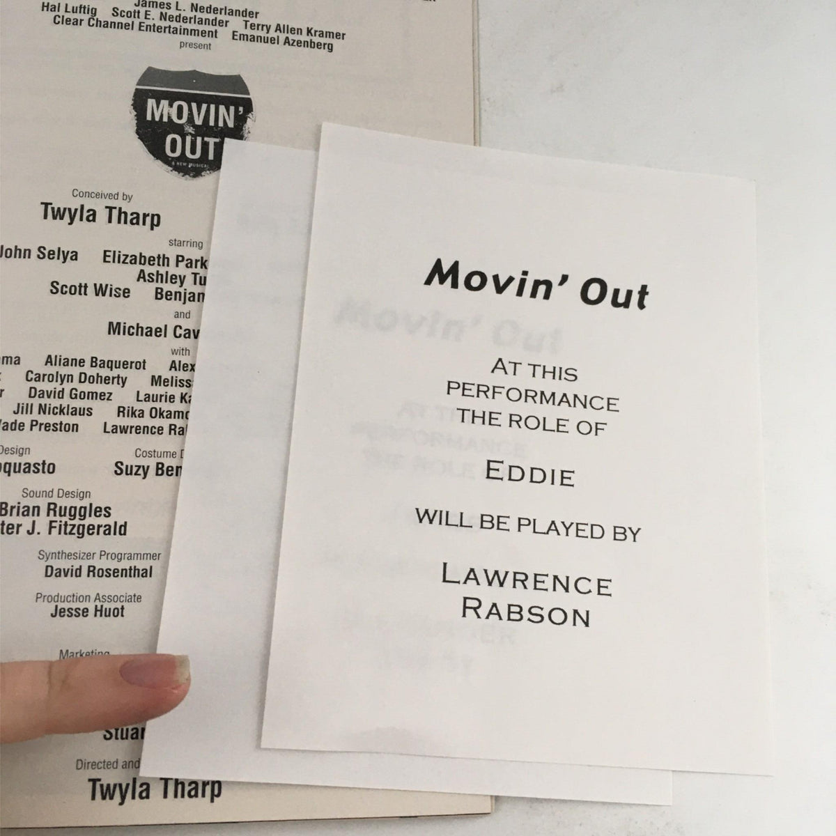 Insert from the 2003 Playbill for Movin' Out by Twyla Tharp and Billy Joel, indicating the role of Eddie played by Lawrence Rabson.