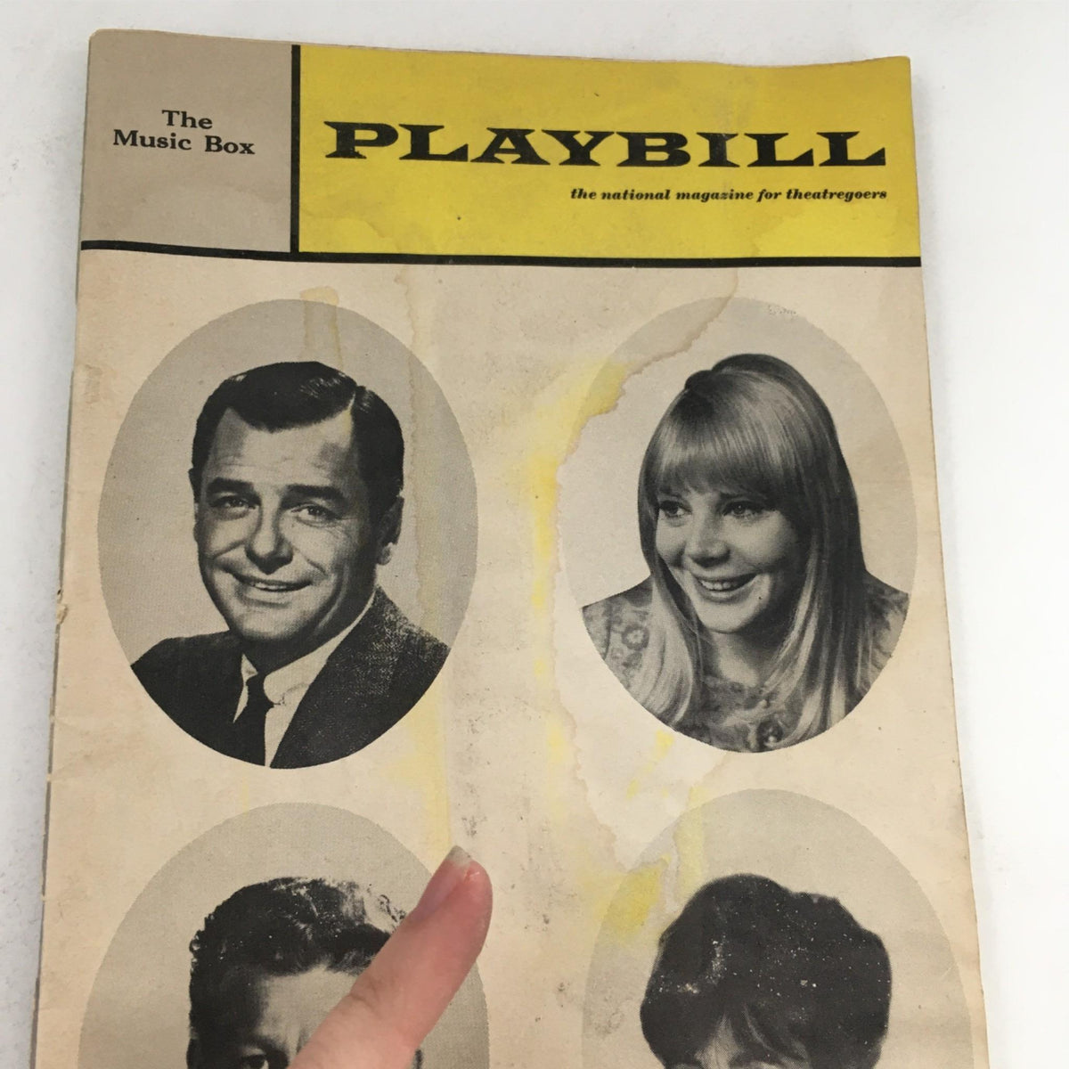 1967 Playbill There's A Girl In My Soup featuring portraits of cast members at The Music Box Theatre, showcasing vintage theater memorabilia.