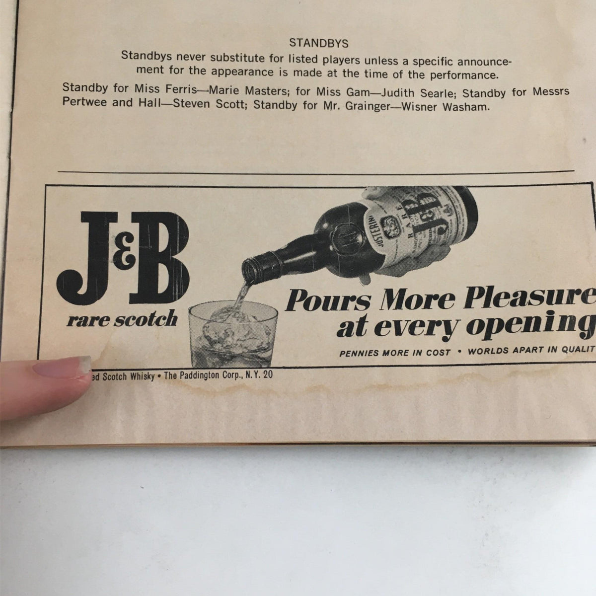 Promotional advertisement for J&B Scotch in the 1967 Playbill There's A Girl In My Soup, showcasing period-specific brand marketing in theater publications.