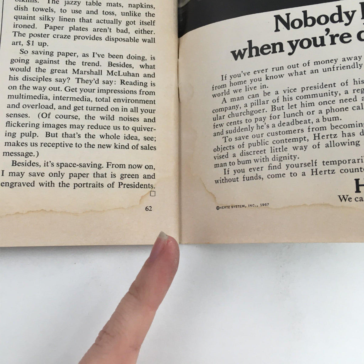 1967 Playbill for There's A Girl In My Soup by Terence Frisby at The Music Box, features a finger pointing at the text, showcasing a glimpse of the nostalgic comedy performance.