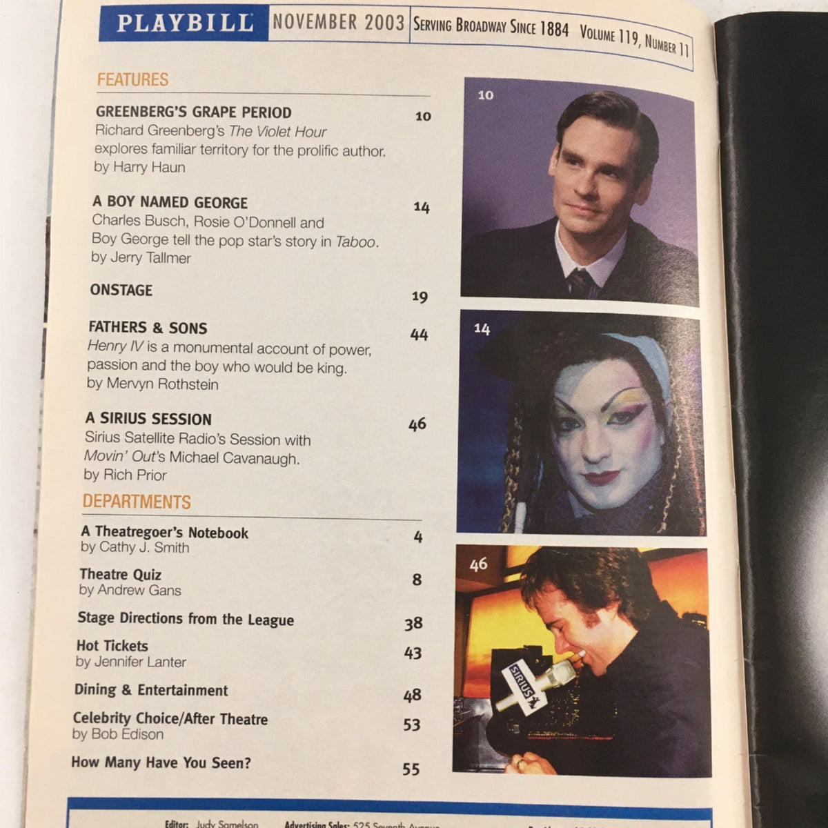 Playbill from the November 2003 edition featuring 'The Boy from OZ' starring Hugh Jackman at the Imperial Theatre, showcasing articles and features from the magazine.