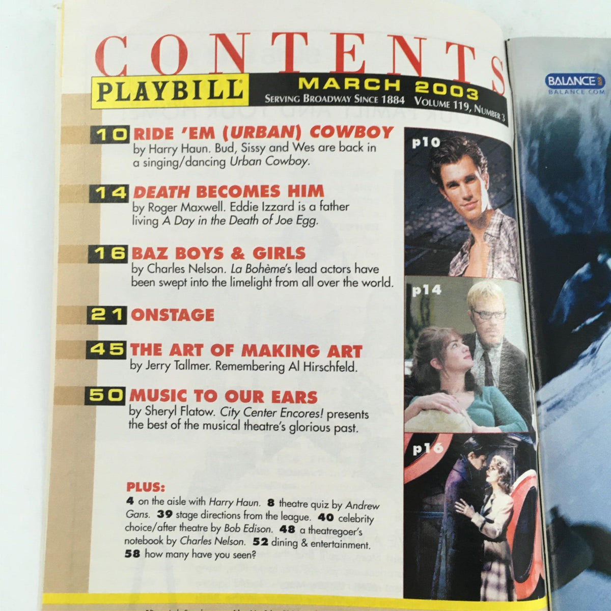 Contents page of the March 2003 Playbill, listing various productions and articles, including The Play What I Wrote.
