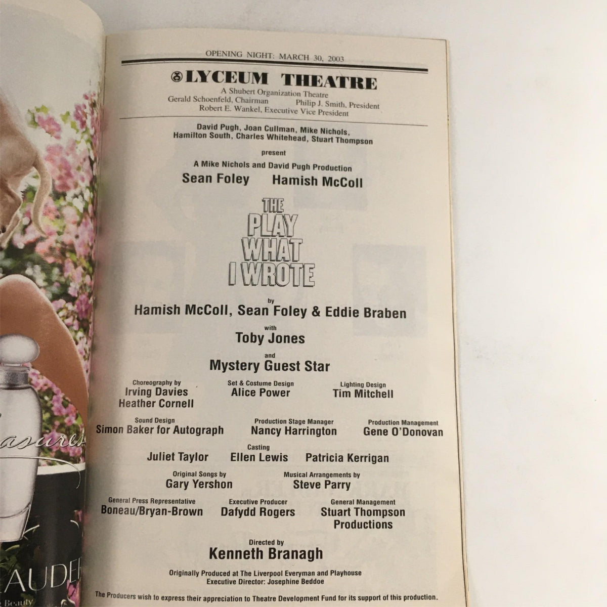 Lyceum Theatre page from the 2003 Playbill for The Play What I Wrote, showcasing cast and crew details including Kenneth Branagh and Toby Jones.