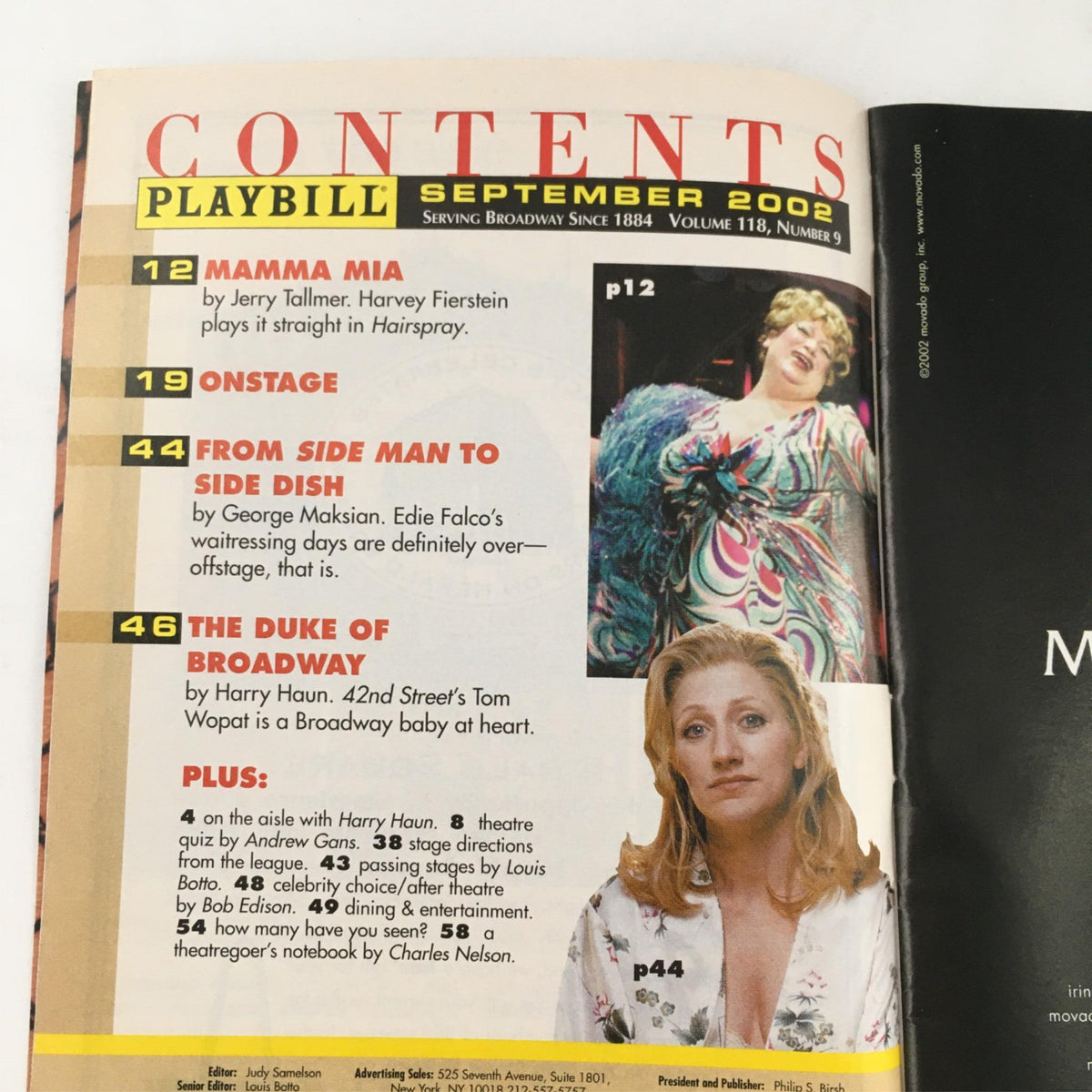 Contents page of the September 2002 Playbill including Mamma Mia!, Side Man, and The Duke of Broadway.