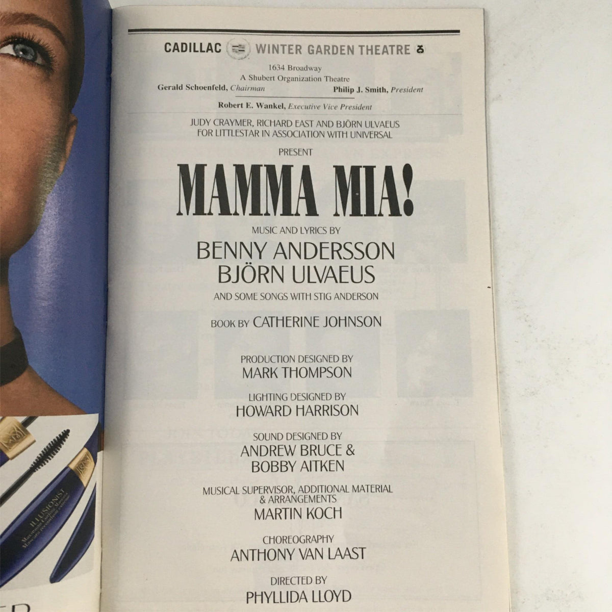 Interior page of the 2002 Playbill for Mamma Mia! showcasing details about the musical, including cast and creative team.
