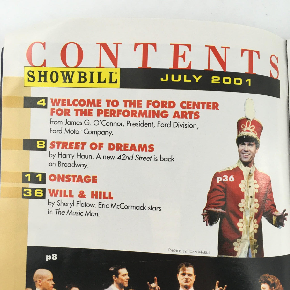 Contents page of the July 2001 Showbill for 42nd Street, highlighting messages from the Ford Center and articles related to Broadway.