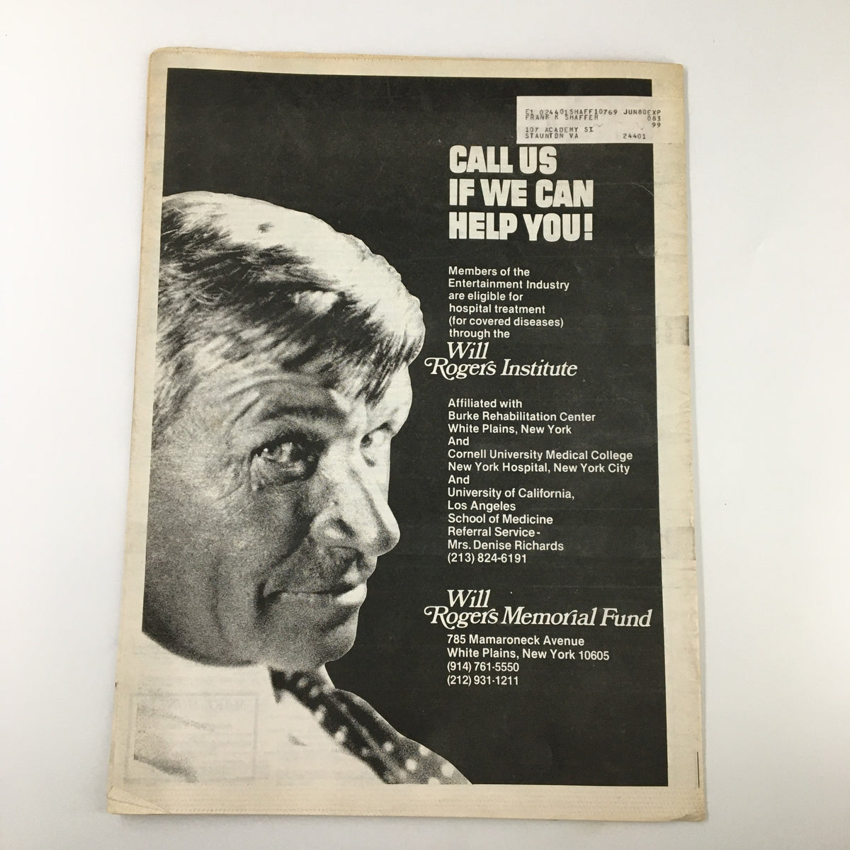 Back cover of Box Office Magazine promoting the Will Rogers Institute, featuring an image and details about health services for entertainment industry professionals.
