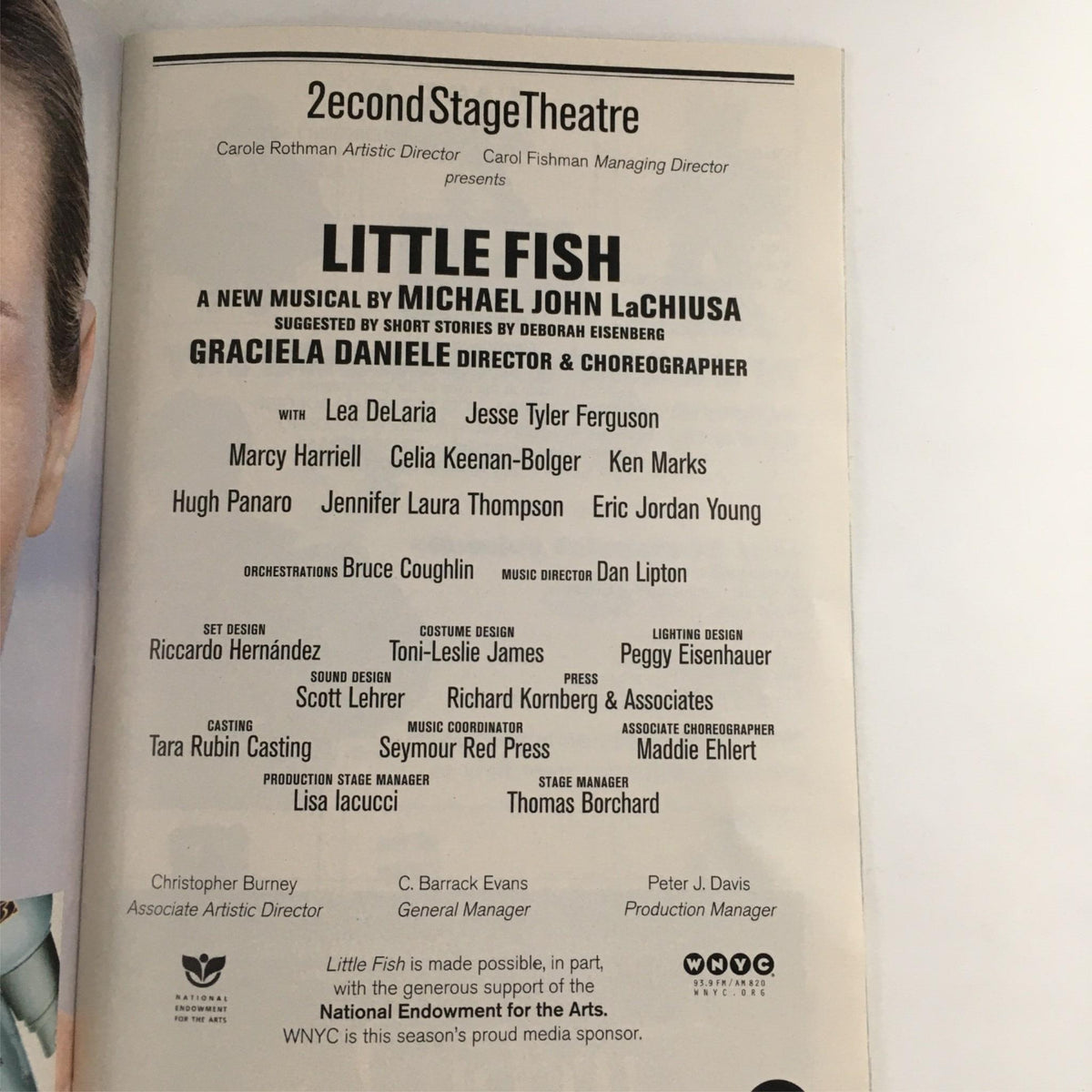 2003 Playbill Little Fish by Michael John LaChiusa at Second Stage Theatre, showcasing cast and crew details including Lea DeLaria, Jesse Tyler Ferguson, and more.