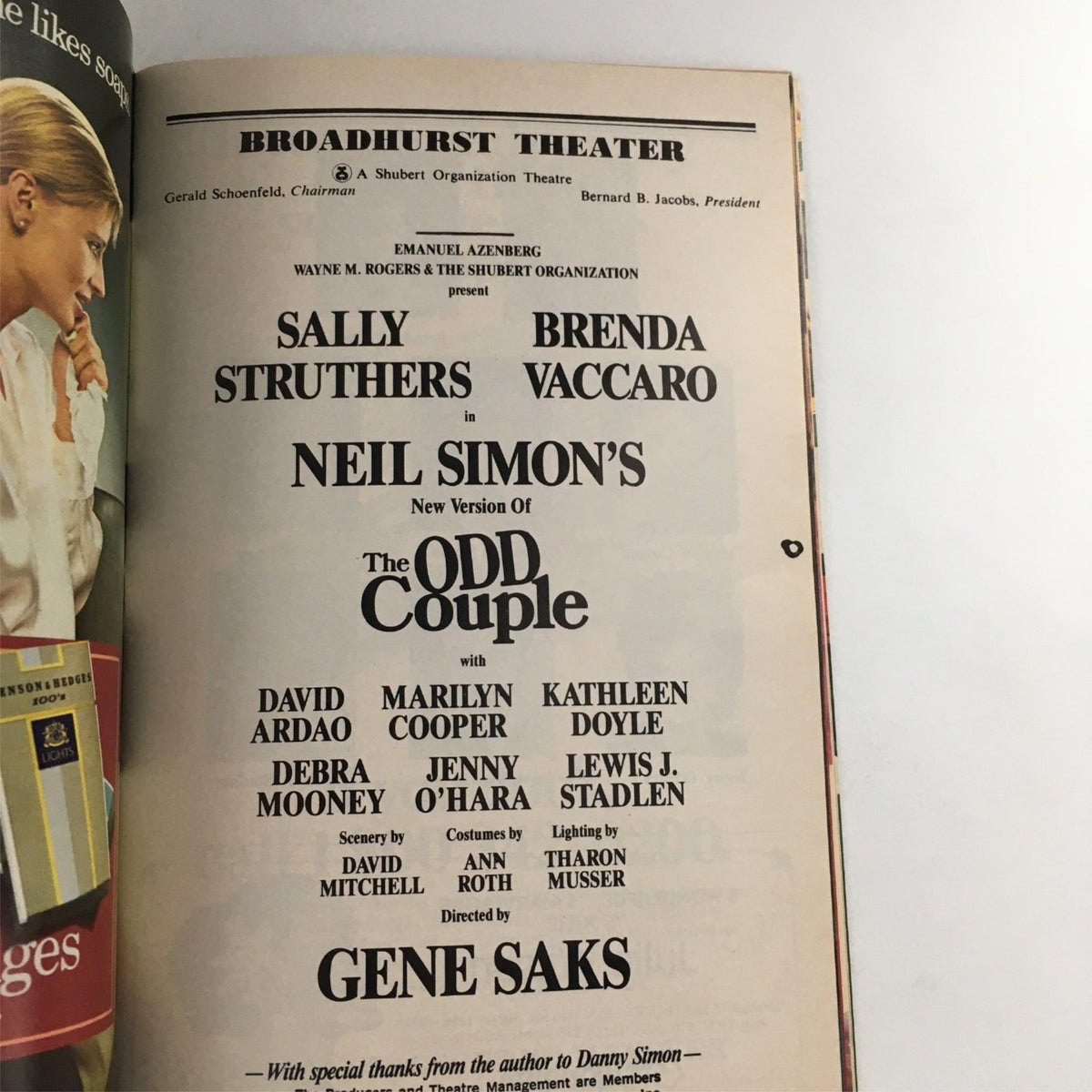Cast and crew details from 1985 Playbill for The Odd Couple by Neil Simon, featuring names including Sally Struthers and Brenda Vaccaro, at Broadhurst Theatre.