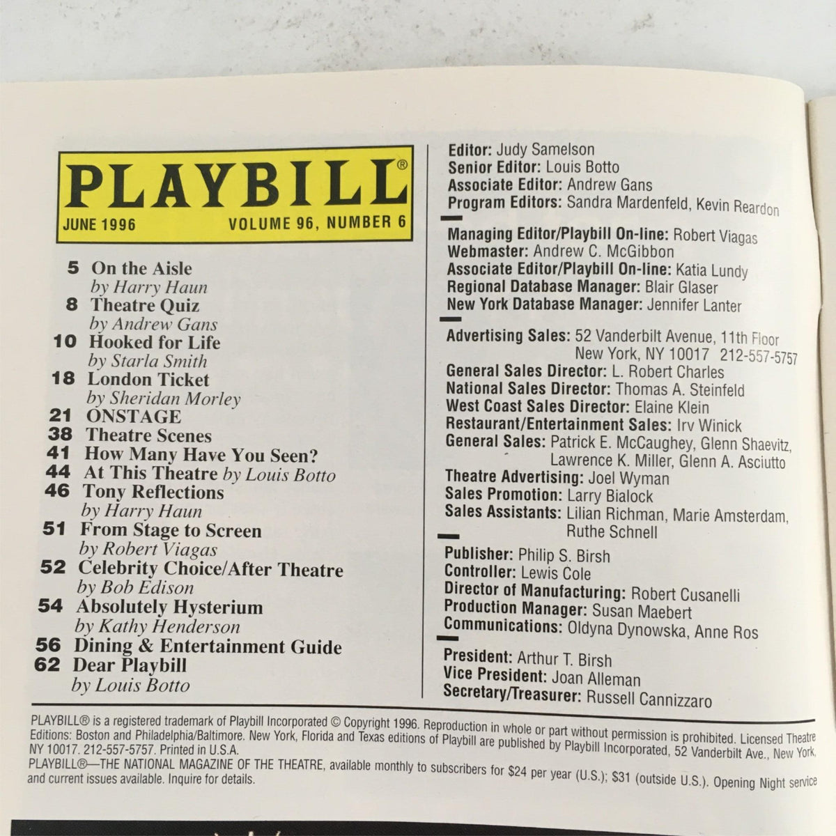 Inside page of the June 1996 Playbill for Smokey Goes Cafe at Virginia Theatre, displaying the table of contents and editorial information.