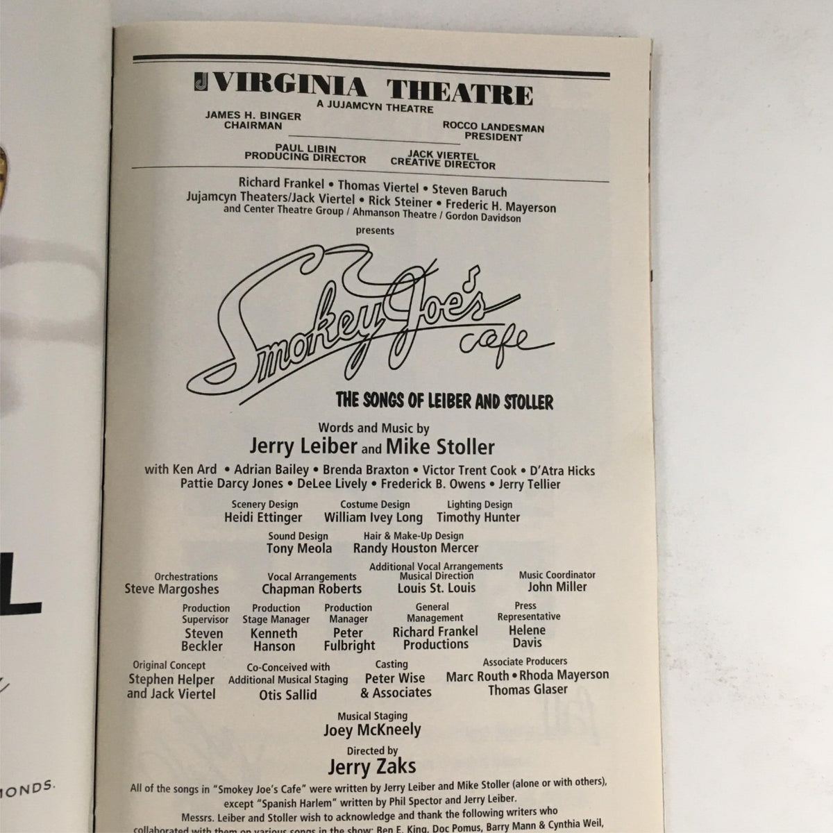 Page from the 1996 Playbill for Smokey Goes Cafe at Virginia Theatre, listing the cast, crew, and production details by Jerry Leiber and Mike Stoller.
