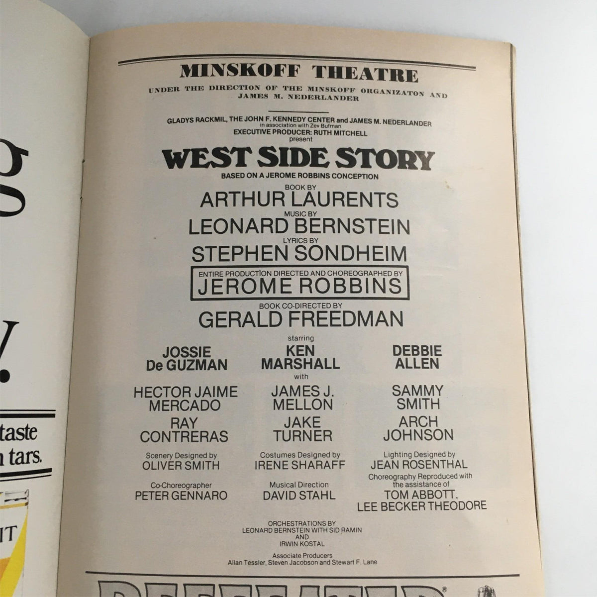 1980 Playbill West Side Story by Jerome Robbins, Gerald Freedman at Minskoff, displaying the credits and cast members of the musical, emphasizing its theatrical significance.