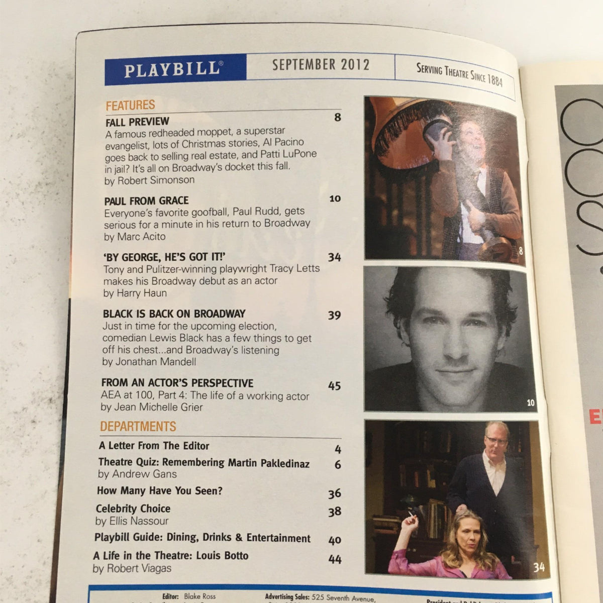 Inside page of the 2012 Playbill for 'Chaplin', highlighting features and promotional content relevant to the production.