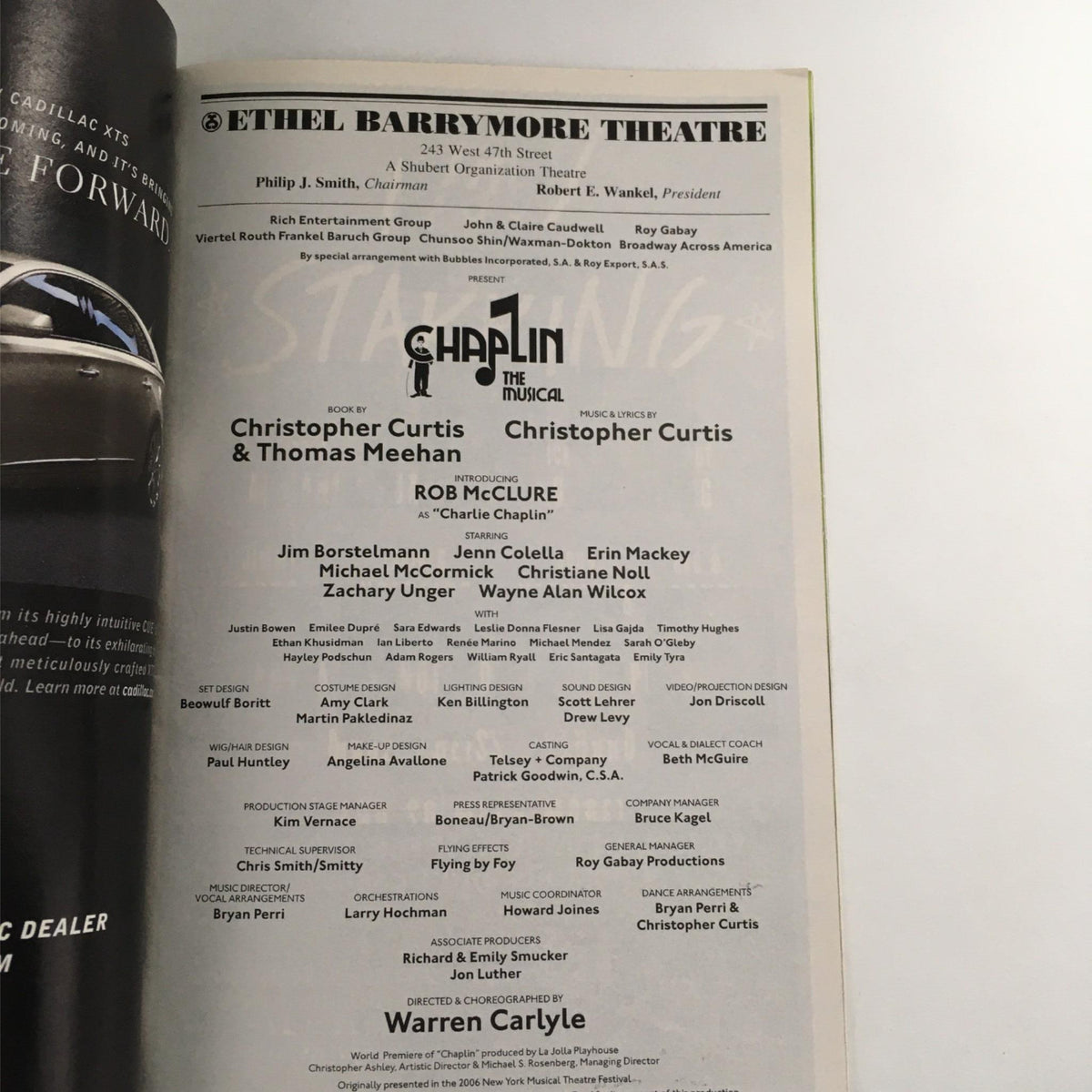 Another inside page of the 2012 Playbill for 'Chaplin', showcasing credits and cast details from the production at the Ethel Barrymore Theatre.