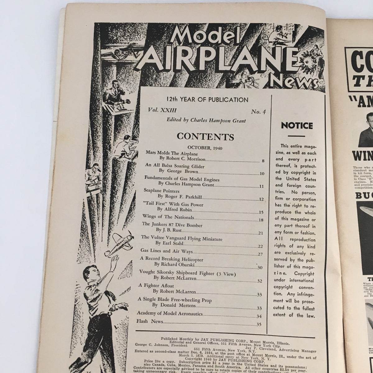 Interior page of Model Airplane News Magazine October 1940 displaying the table of contents, highlighting various articles and features on model aviation.